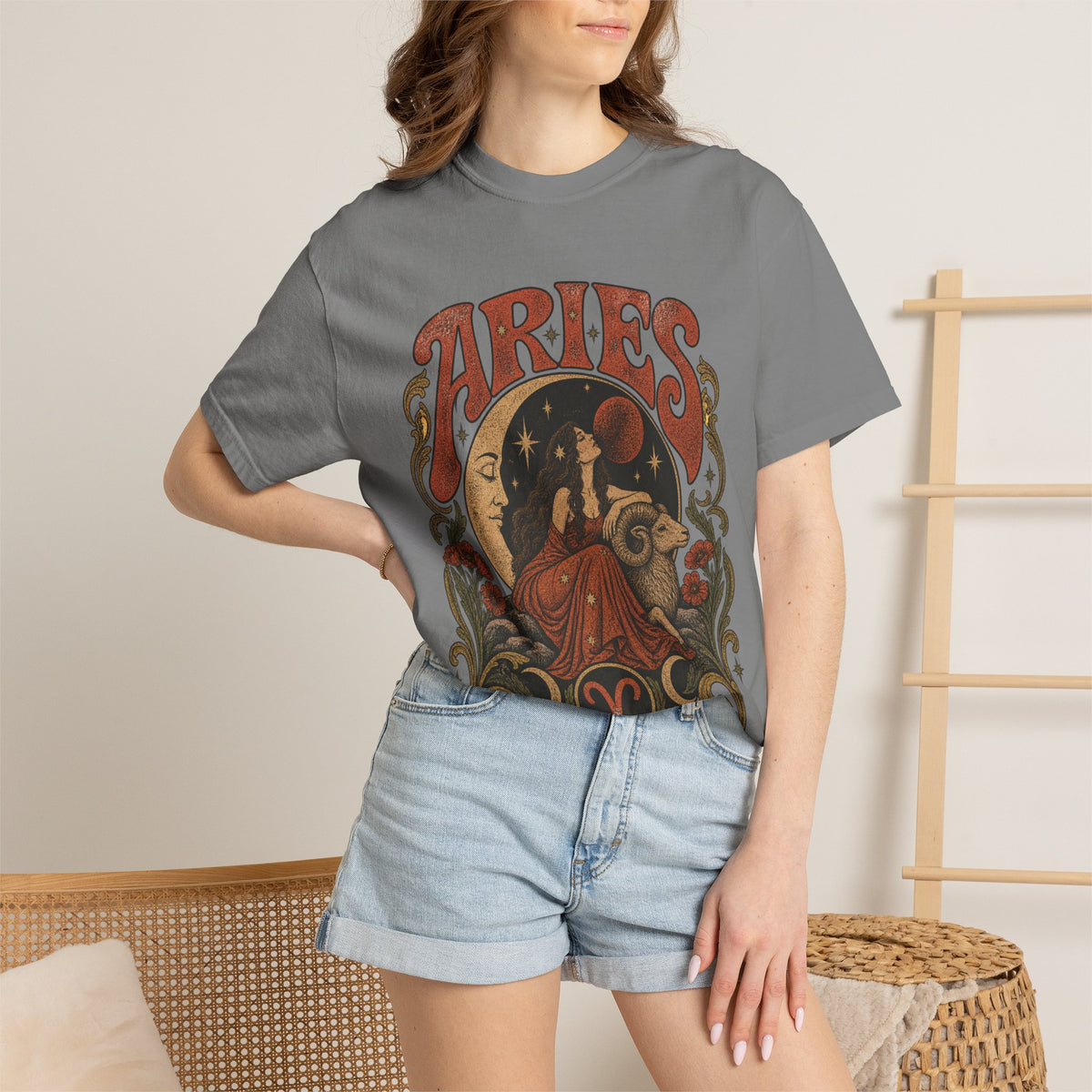 Aries Zodiac T‑Shirt — Vintage Moon & Ram Astrology Tee