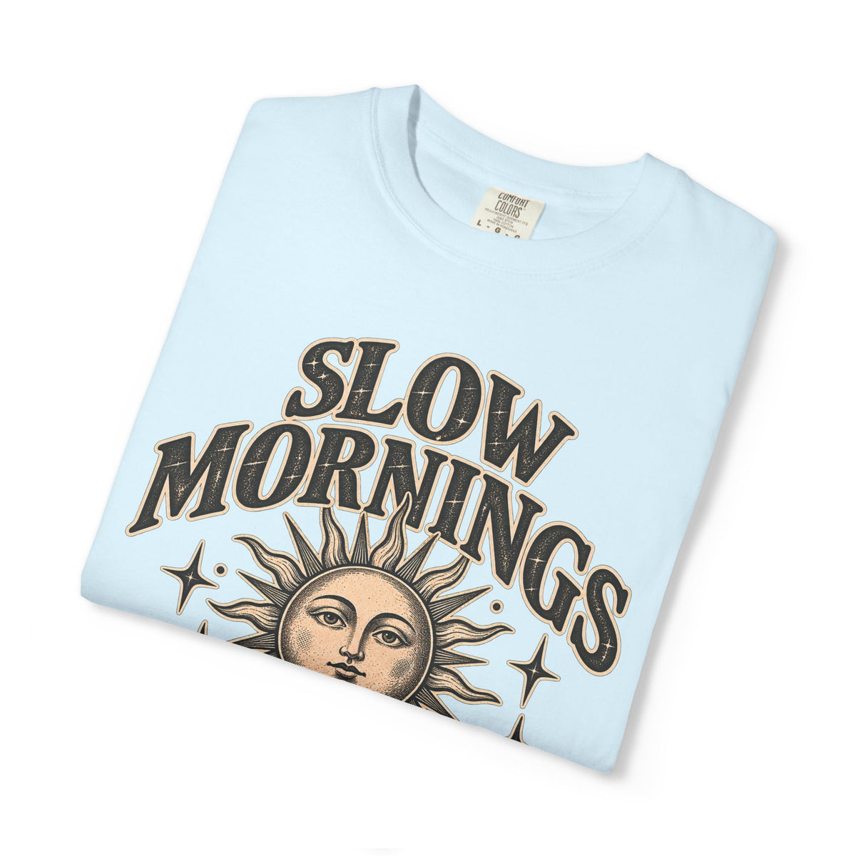 Slow Mornings Tee — Retro Sunrise Garment-Dyed Graphic T-Shirt