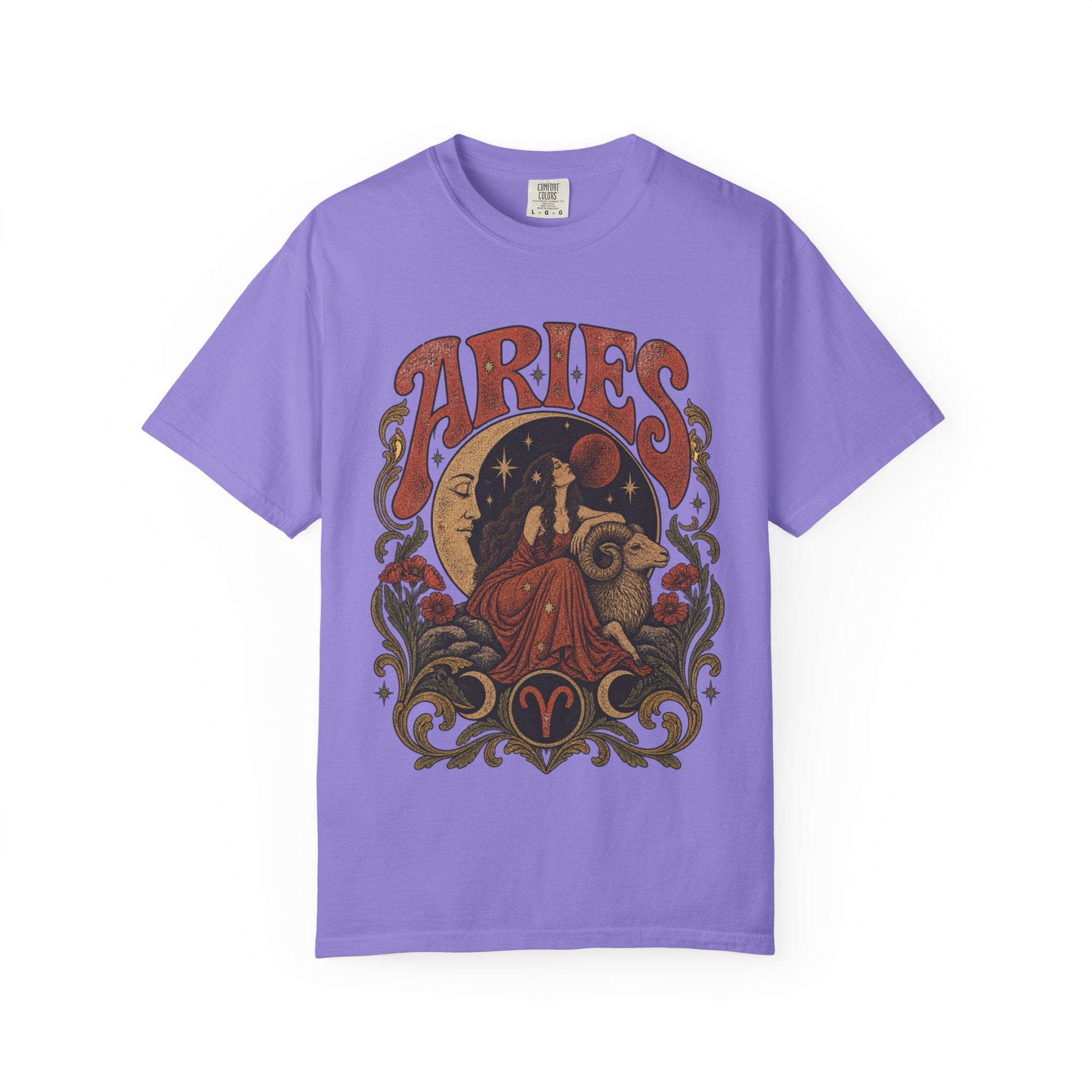 Aries Zodiac T‑Shirt — Vintage Moon & Ram Astrology Tee