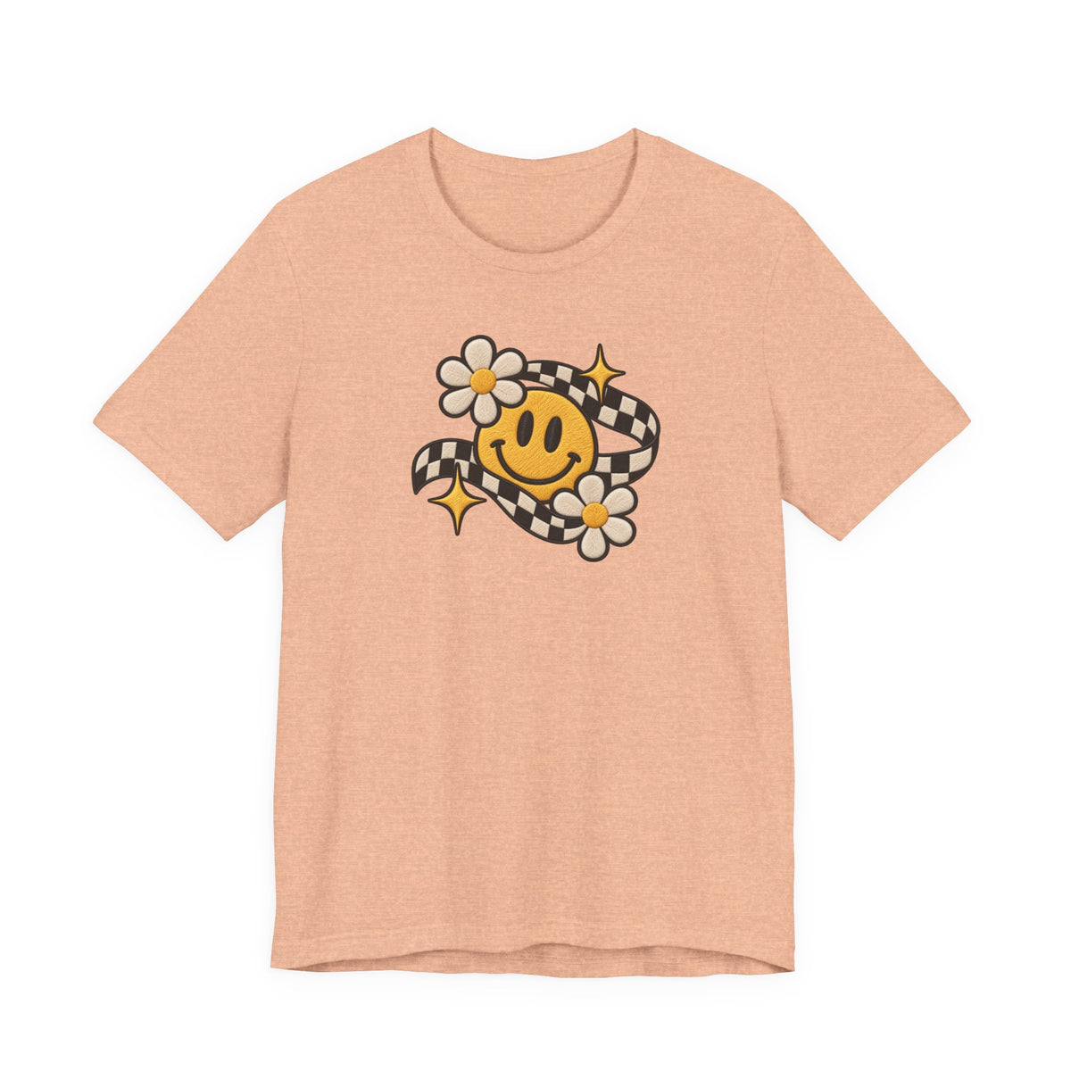 Smiley Flower Checkerboard Tee — Retro Happy Face Graphic T-Shirt