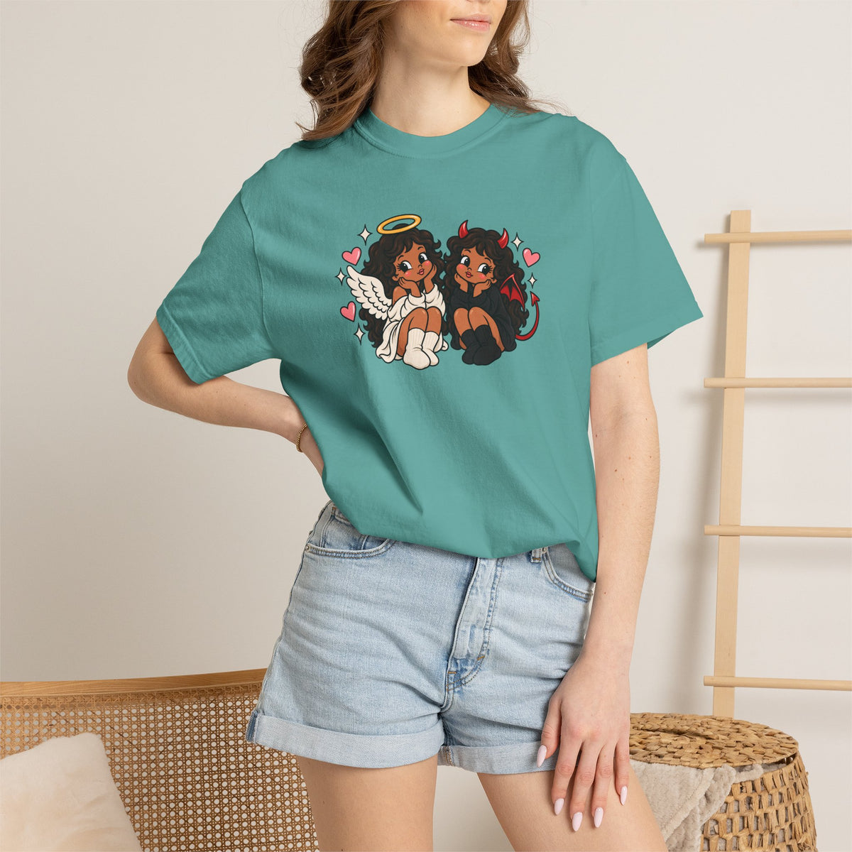 Angel and Devil Cute Graphic Tee — Kawaii Couple Illustration T-Shirt