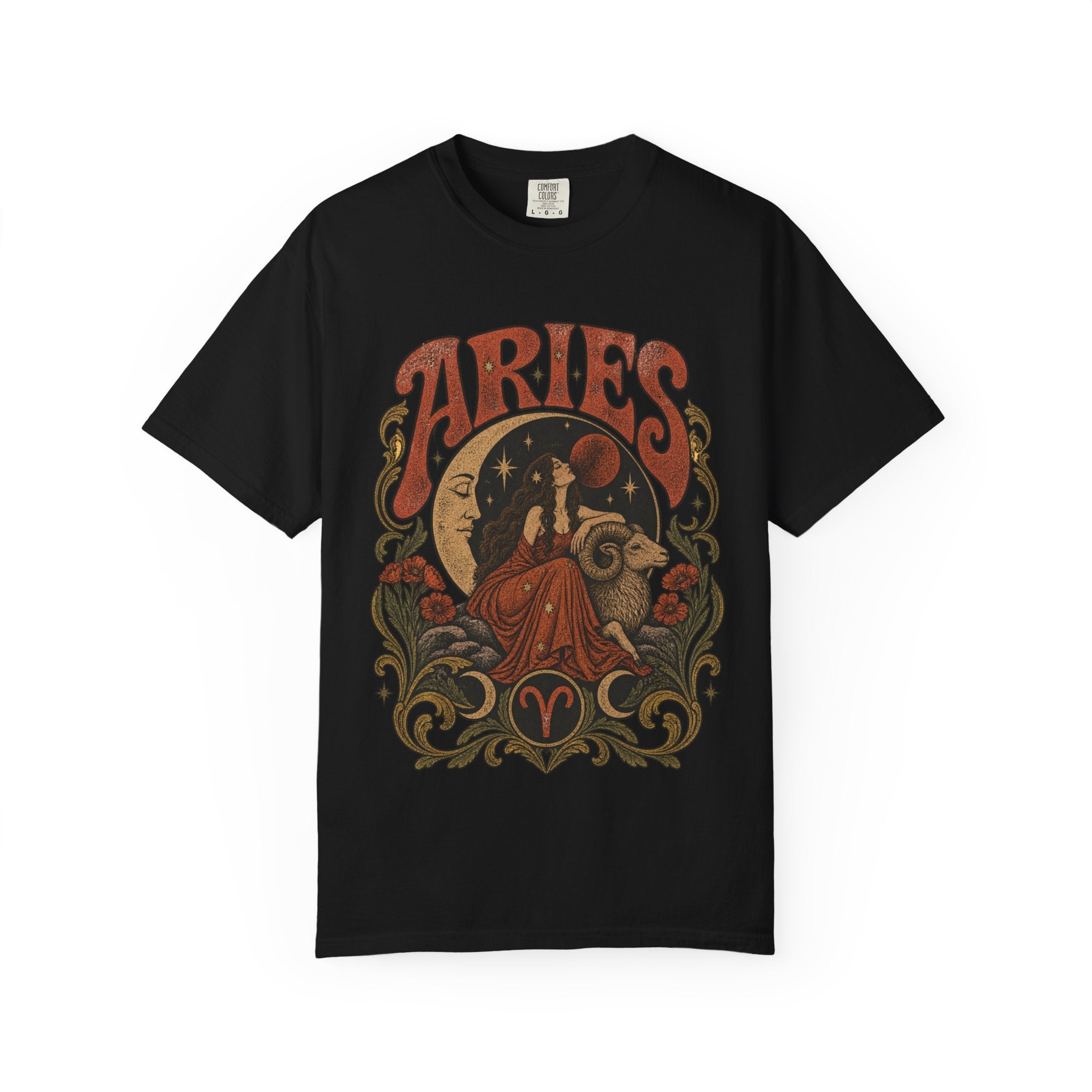Aries Zodiac T‑Shirt — Vintage Moon & Ram Astrology Tee