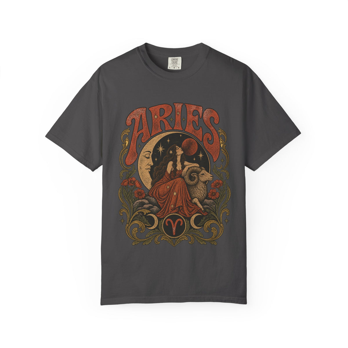 Aries Zodiac T‑Shirt — Vintage Moon & Ram Astrology Tee