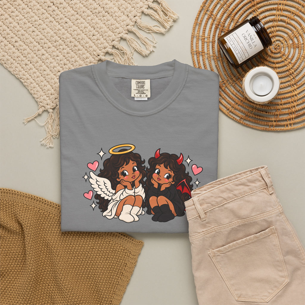 Angel and Devil Cute Graphic Tee — Kawaii Couple Illustration T-Shirt
