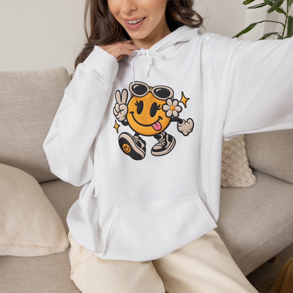 Smiley Peace Vibes Hoodie – Retro Dancing Smiley with Sunglasses
