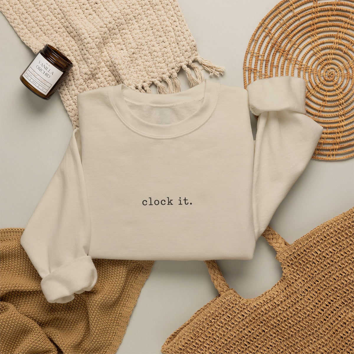 Clock It Crewneck — Minimal Text Graphic Sweatshirt