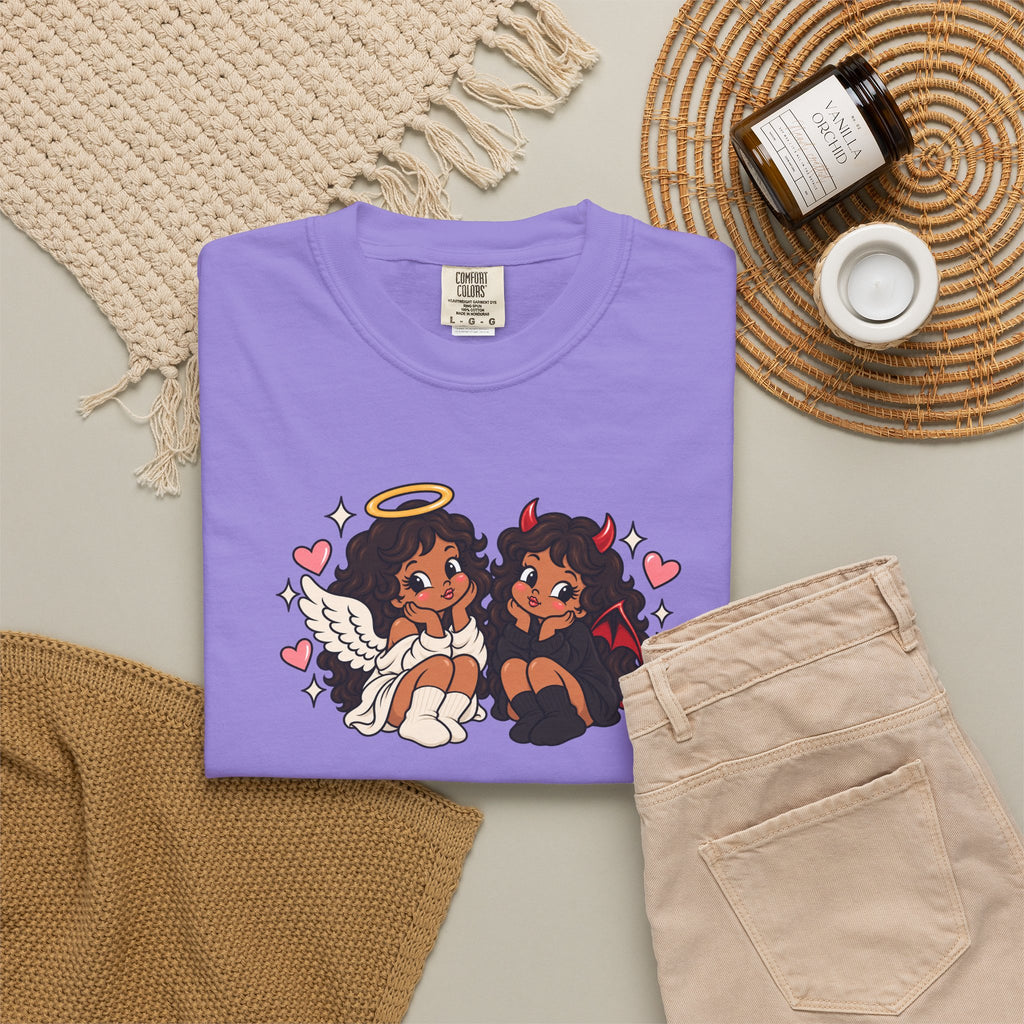 Angel and Devil Cute Graphic Tee — Kawaii Couple Illustration T-Shirt