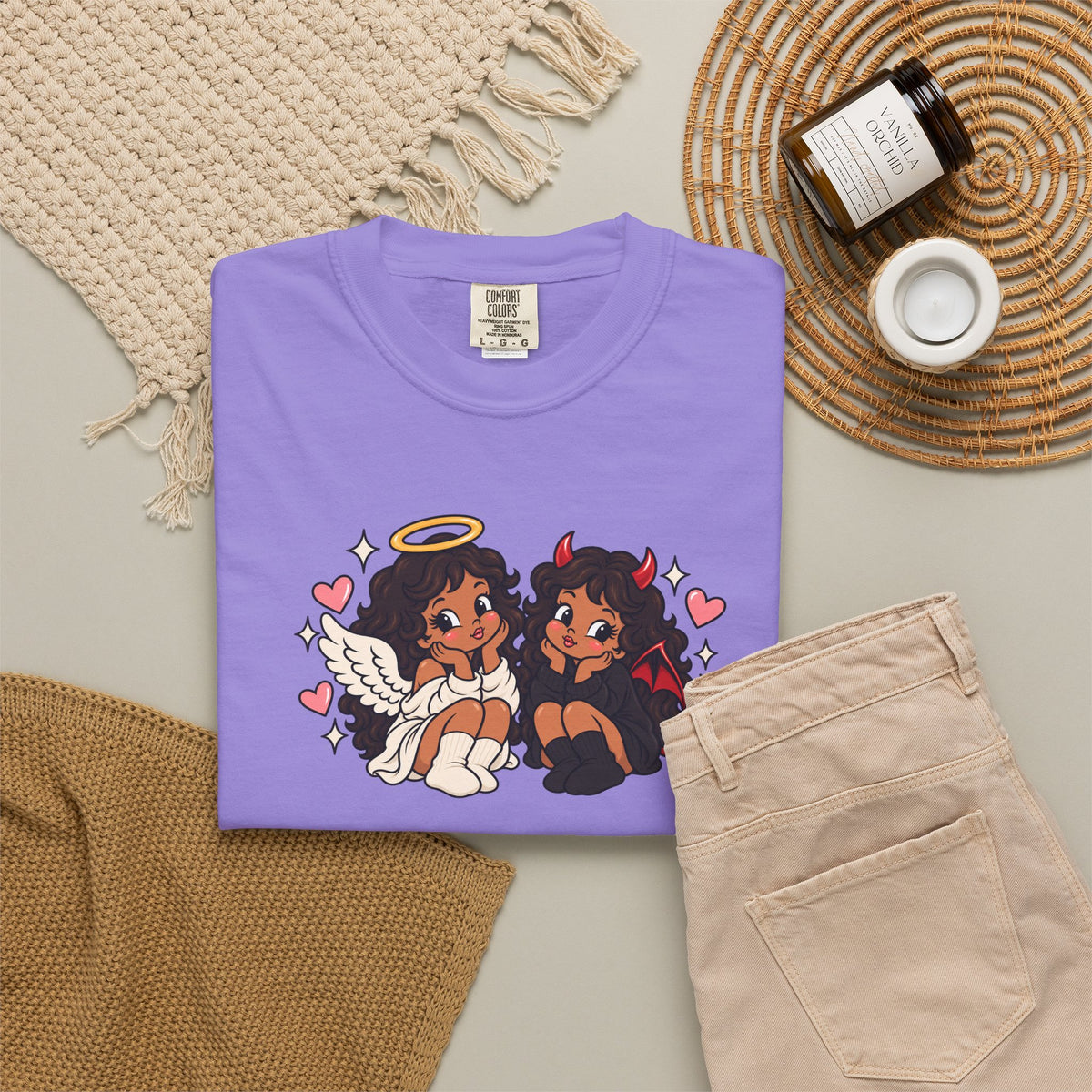 Angel and Devil Cute Graphic Tee — Kawaii Couple Illustration T-Shirt