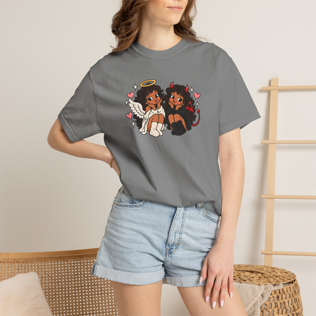 Angel and Devil Cute Graphic Tee — Kawaii Couple Illustration T-Shirt