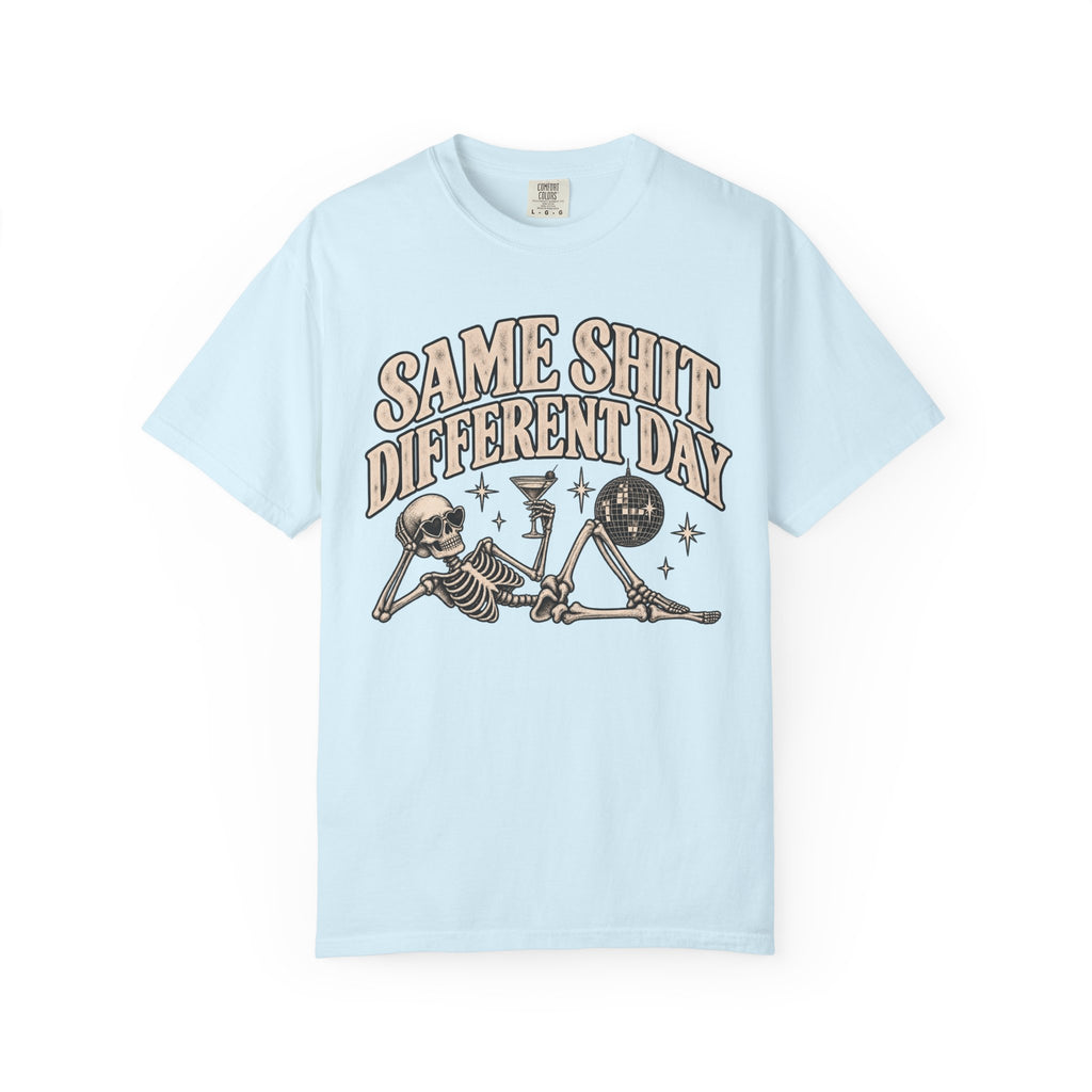 Same Shit Different Day Tee — Retro Skeleton Disco Graphic T-Shirt