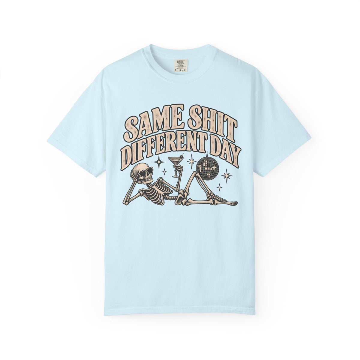 Same Shit Different Day Tee — Retro Skeleton Disco Graphic T-Shirt
