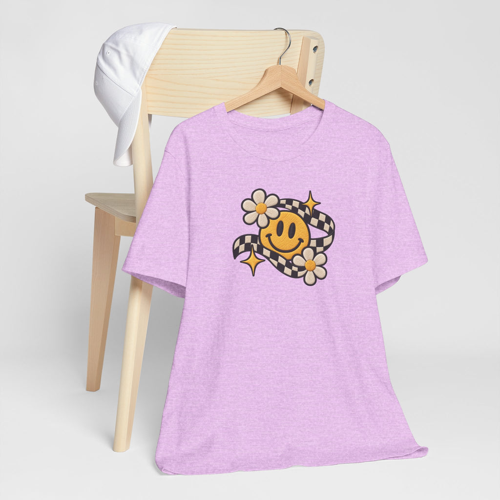 Smiley Flower Checkerboard Tee — Retro Happy Face Graphic T-Shirt