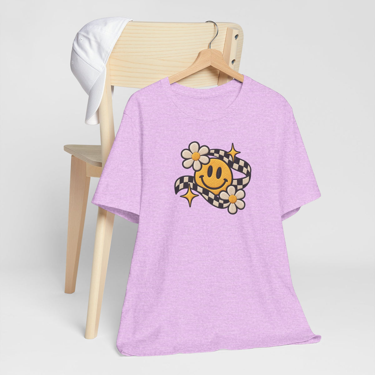 Smiley Flower Checkerboard Tee — Retro Happy Face Graphic T-Shirt