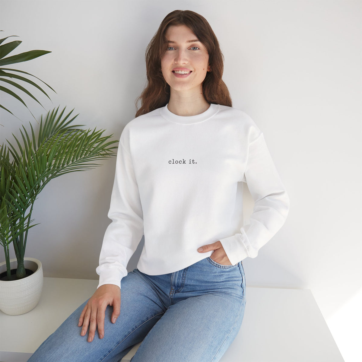 Clock It Crewneck — Minimal Text Graphic Sweatshirt