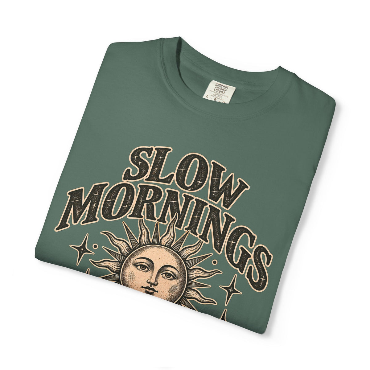 Slow Mornings Tee — Retro Sunrise Garment-Dyed Graphic T-Shirt