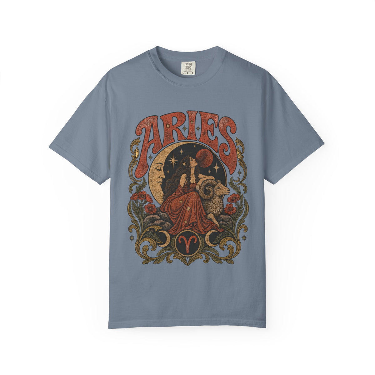Aries Zodiac T‑Shirt — Vintage Moon & Ram Astrology Tee