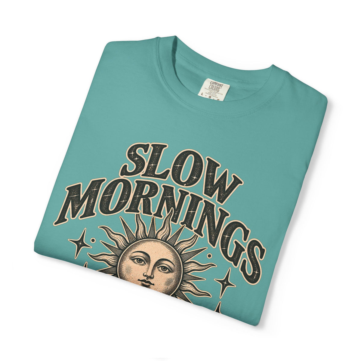 Slow Mornings Tee — Retro Sunrise Garment-Dyed Graphic T-Shirt