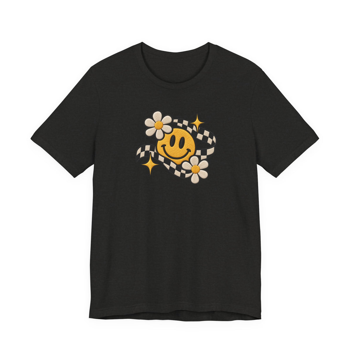 Smiley Flower Checkerboard Tee — Retro Happy Face Graphic T-Shirt