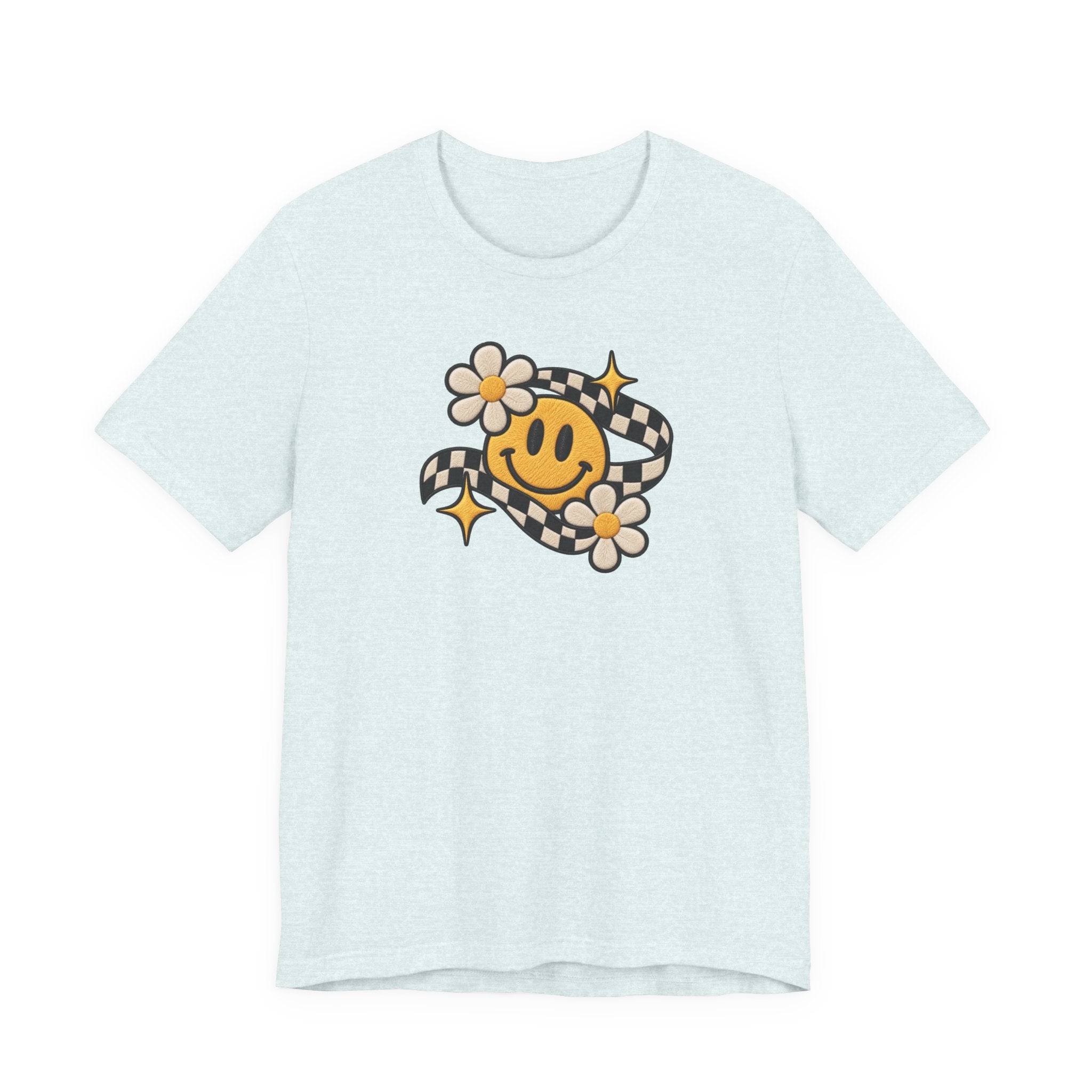 Smiley Flower Checkerboard Tee — Retro Happy Face Graphic T-Shirt