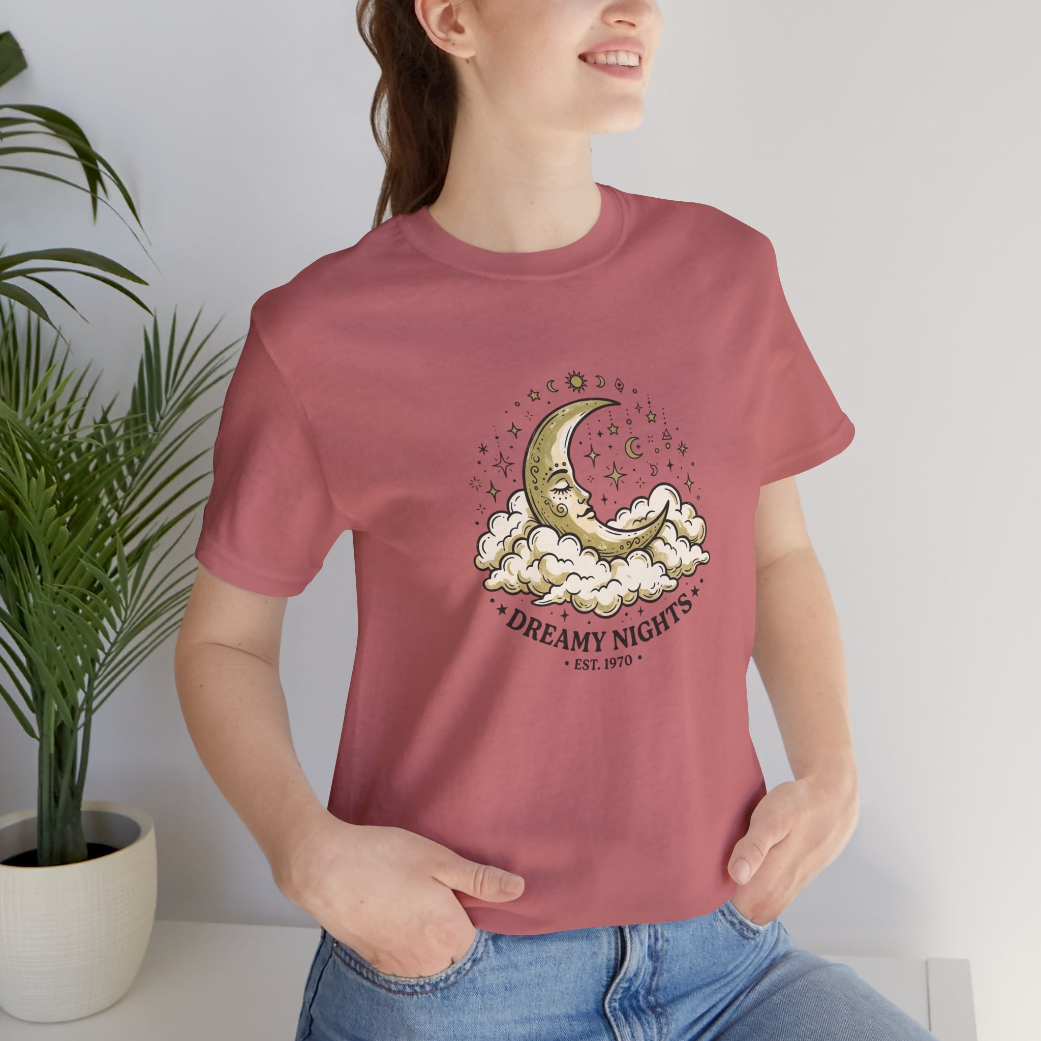 Dreamy Nights Moon Tee — Vintage Crescent Moon & Clouds Shirt
