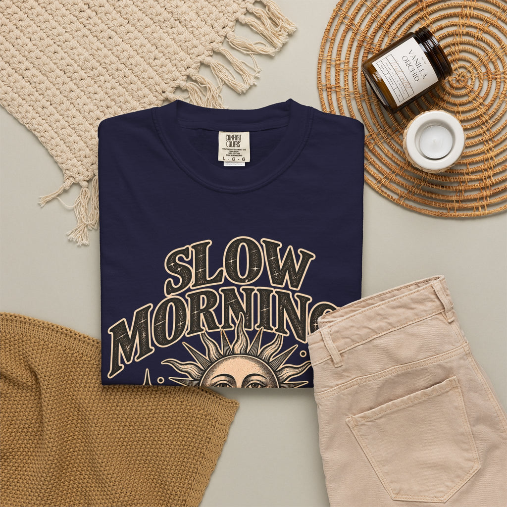 Slow Mornings Tee — Retro Sunrise Garment-Dyed Graphic T-Shirt