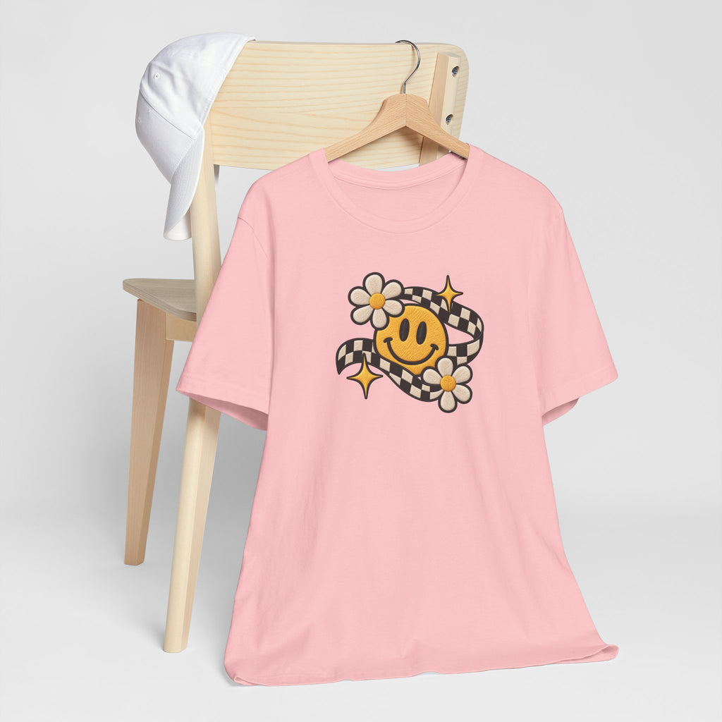 Smiley Flower Checkerboard Tee — Retro Happy Face Graphic T-Shirt