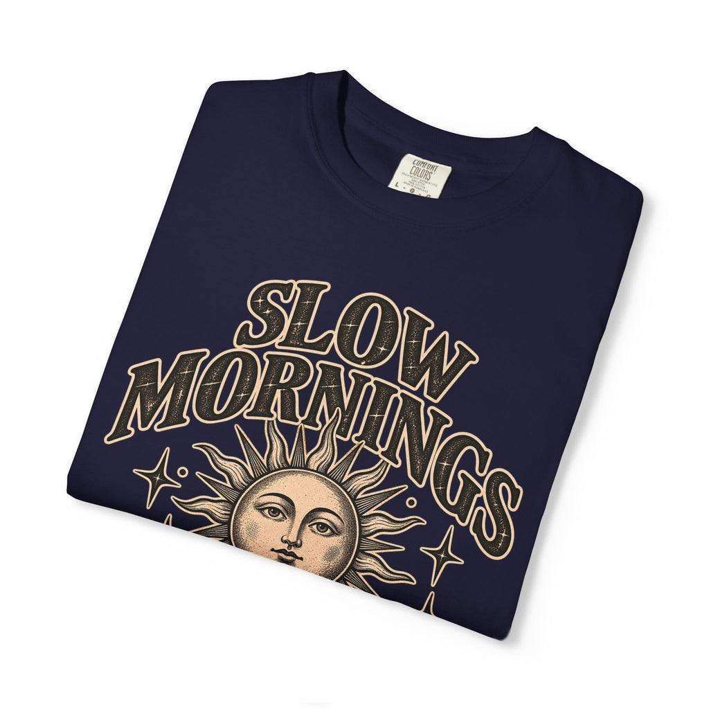 Slow Mornings Tee — Retro Sunrise Garment-Dyed Graphic T-Shirt