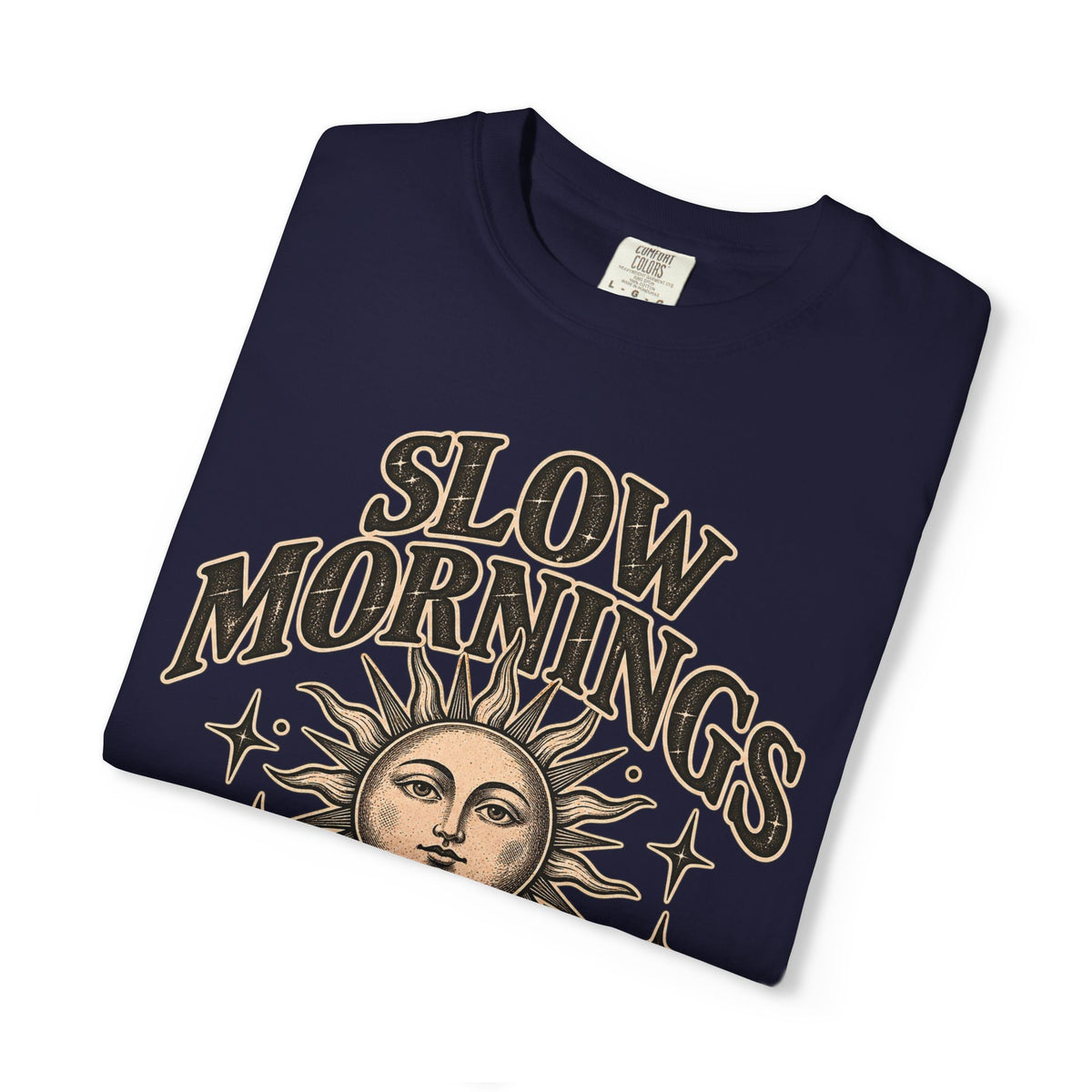Slow Mornings Tee — Retro Sunrise Garment-Dyed Graphic T-Shirt