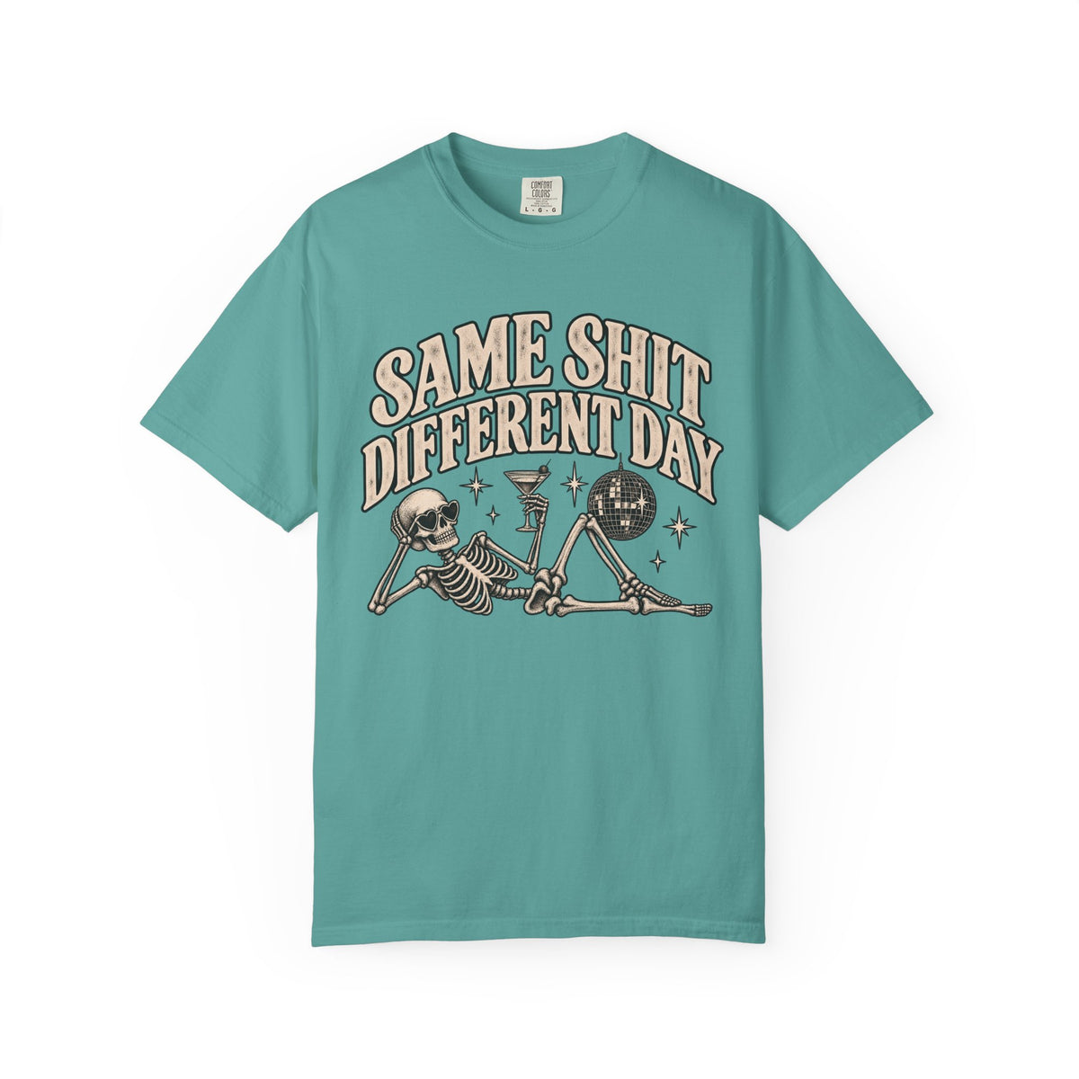 Same Shit Different Day Tee — Retro Skeleton Disco Graphic T-Shirt