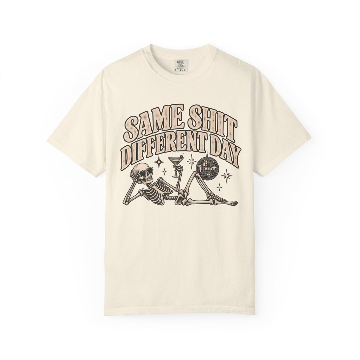 Same Shit Different Day Tee — Retro Skeleton Disco Graphic T-Shirt