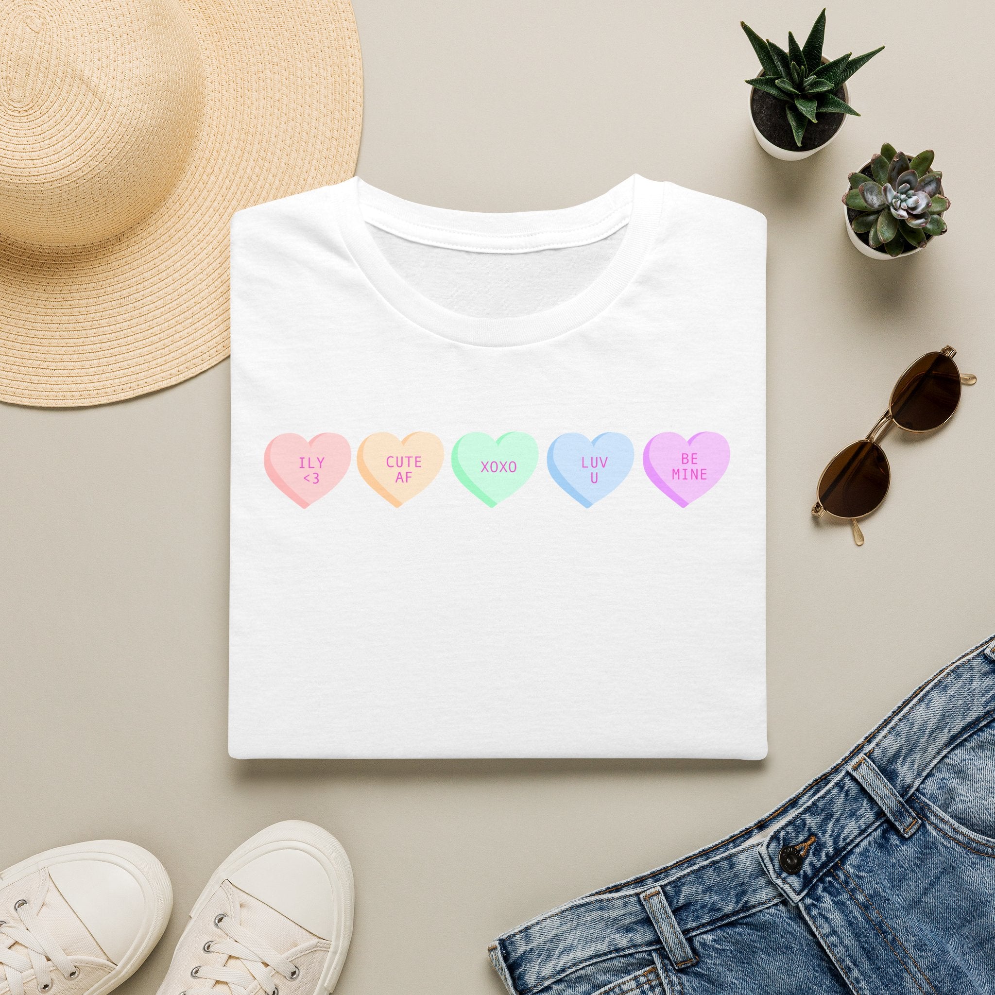 Conversation Heart Candy T-Shirt — Pastel ‘Be Mine, Cute AF, XOXO, Luv U’ Graphic