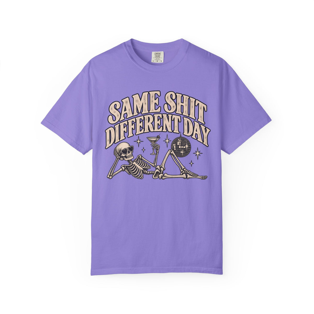 Same Shit Different Day Tee — Retro Skeleton Disco Graphic T-Shirt