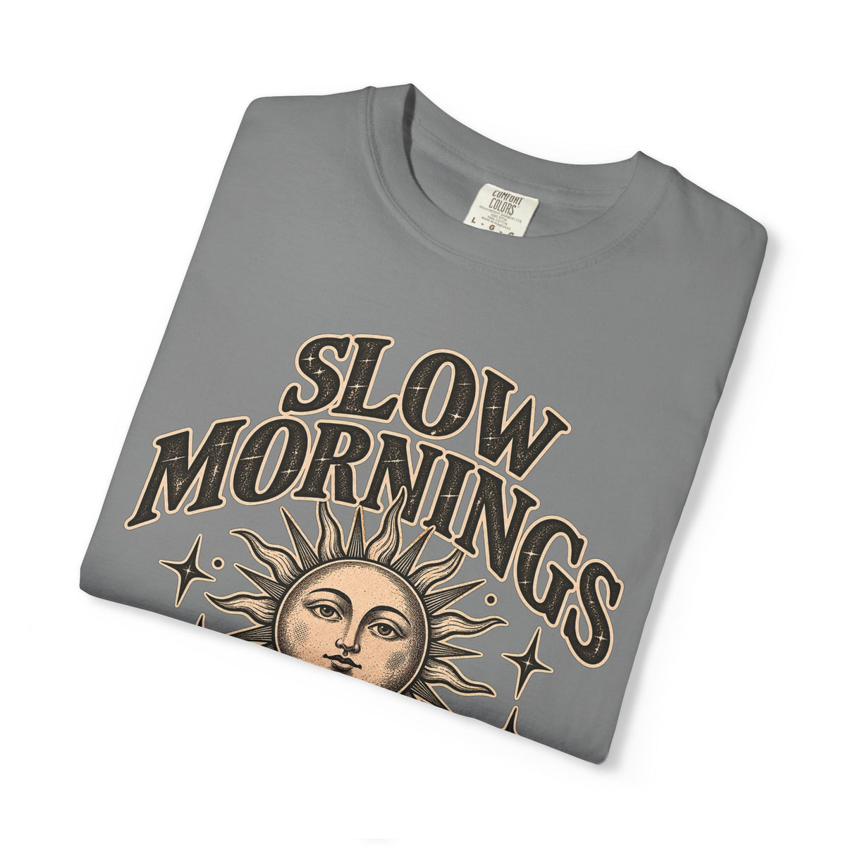 Slow Mornings Tee — Retro Sunrise Garment-Dyed Graphic T-Shirt