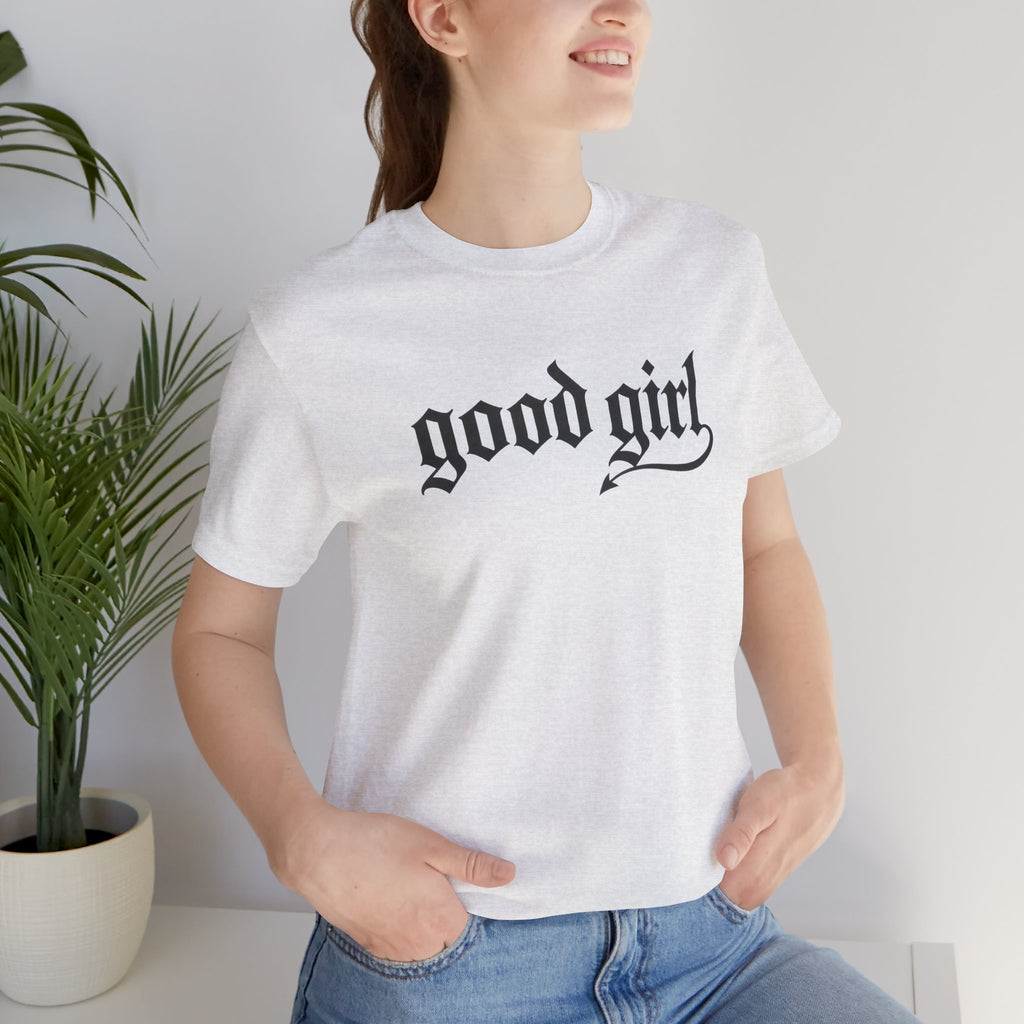 Good Girl Graphic Tee — Vintage Script White T-Shirt