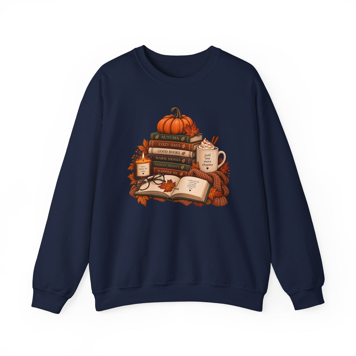 Fall Bookstack Crewneck Sweatshirt — Cozy Pumpkin Reading Vibes