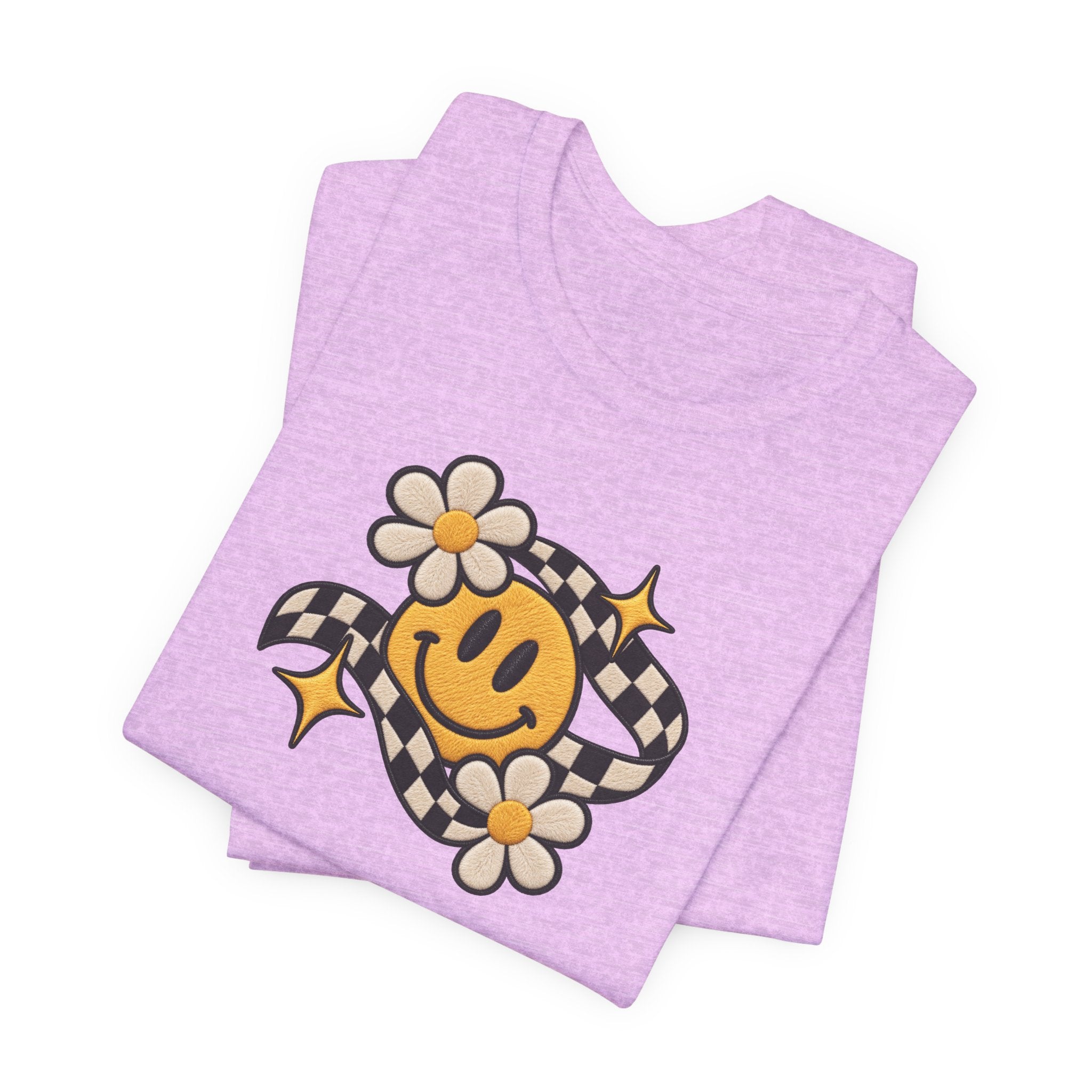 Smiley Flower Checkerboard Tee — Retro Happy Face Graphic T-Shirt