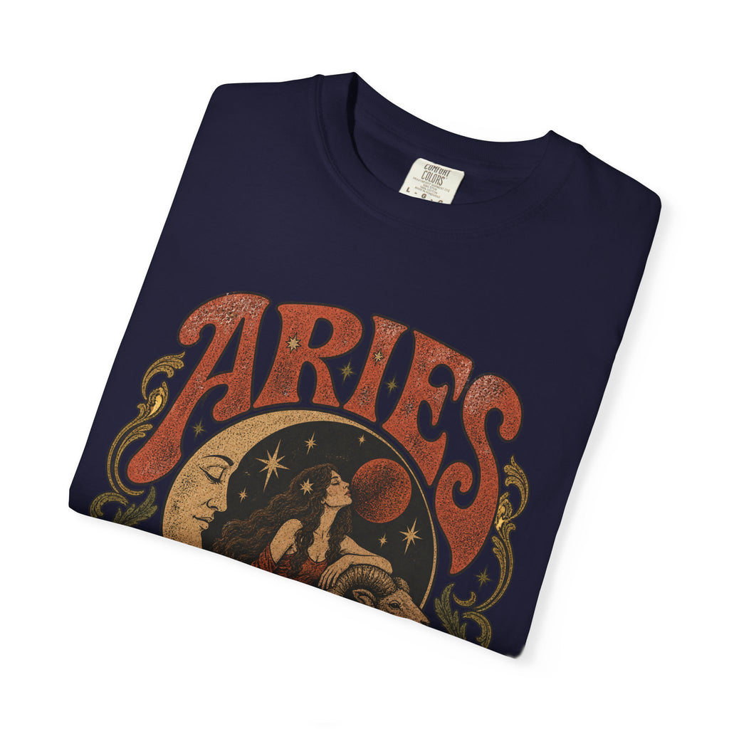 Aries Zodiac T‑Shirt — Vintage Moon & Ram Astrology Tee
