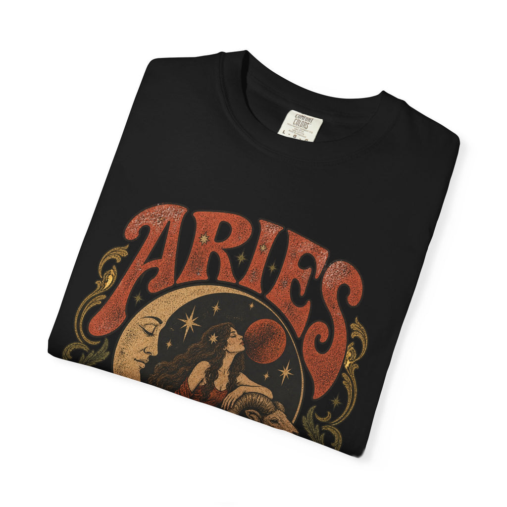 Aries Zodiac T‑Shirt — Vintage Moon & Ram Astrology Tee