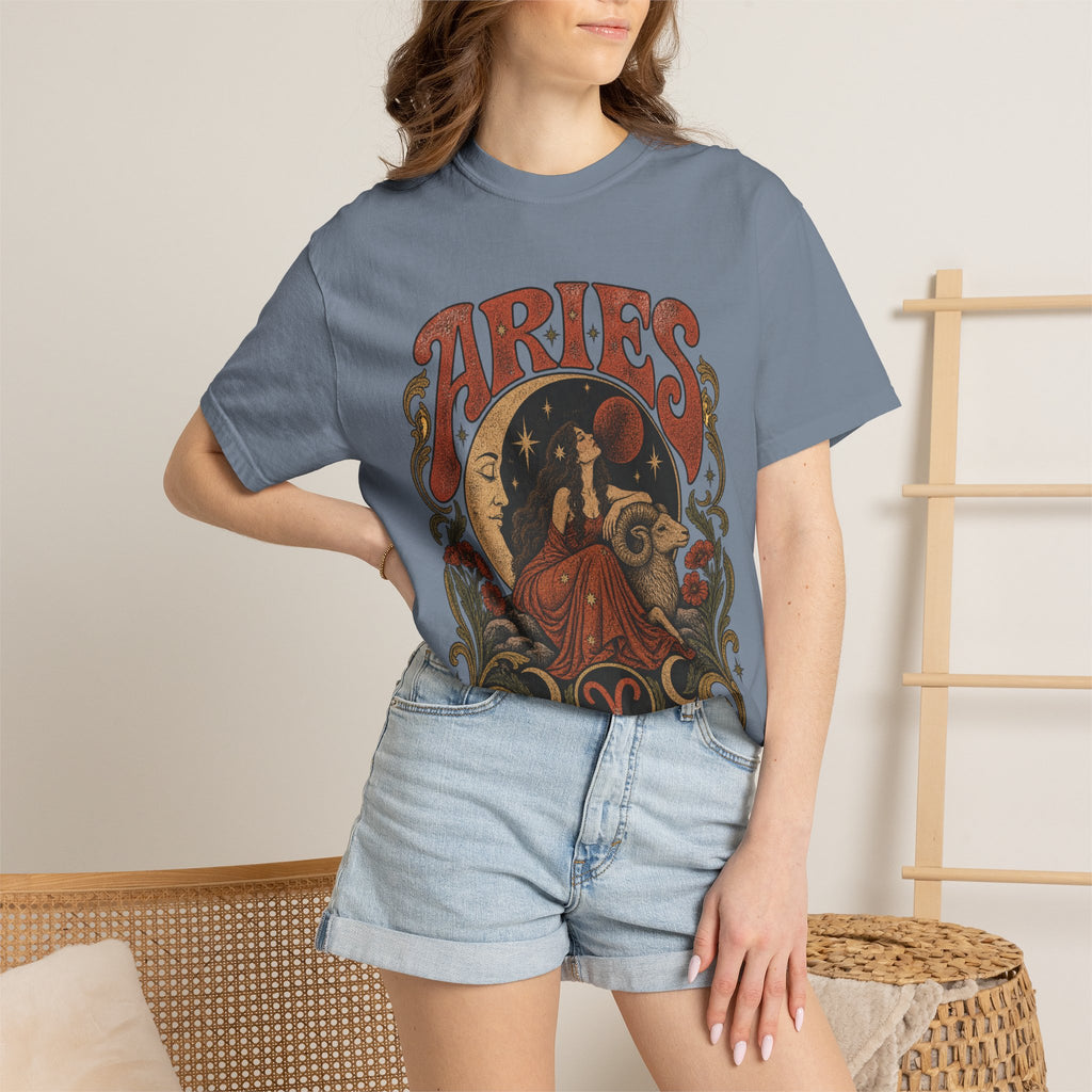 Aries Zodiac T‑Shirt — Vintage Moon & Ram Astrology Tee