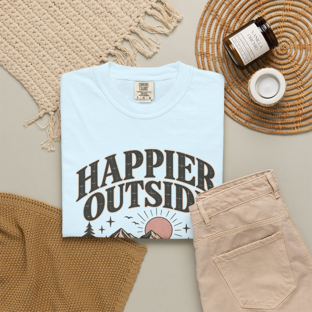 Happier Outside Tee — Nature Lover Graphic Garment-Dyed T-Shirt