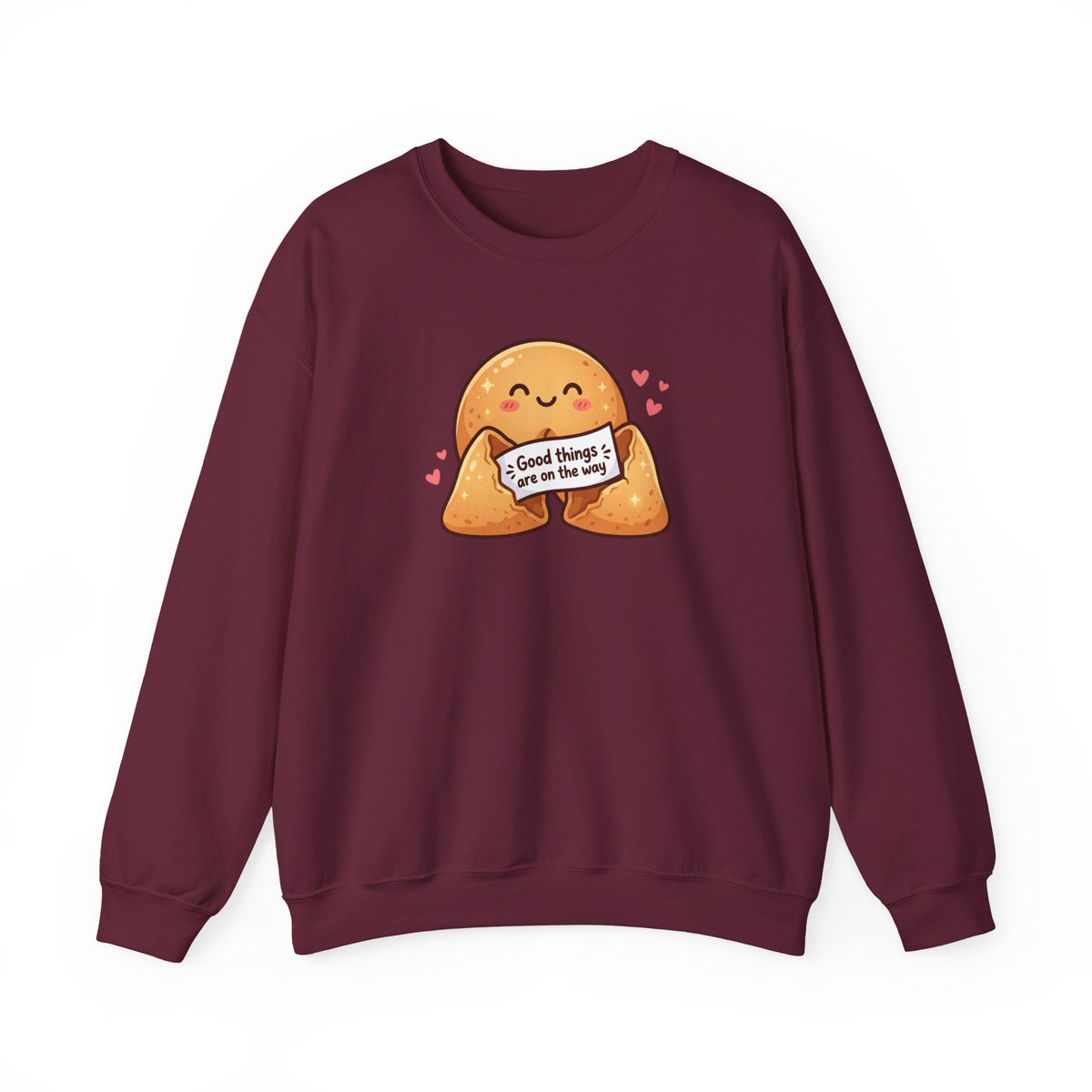 Crewneck Sweatshirt — Cute Fortune Cookie Graphic “Good Things Are On The Way”