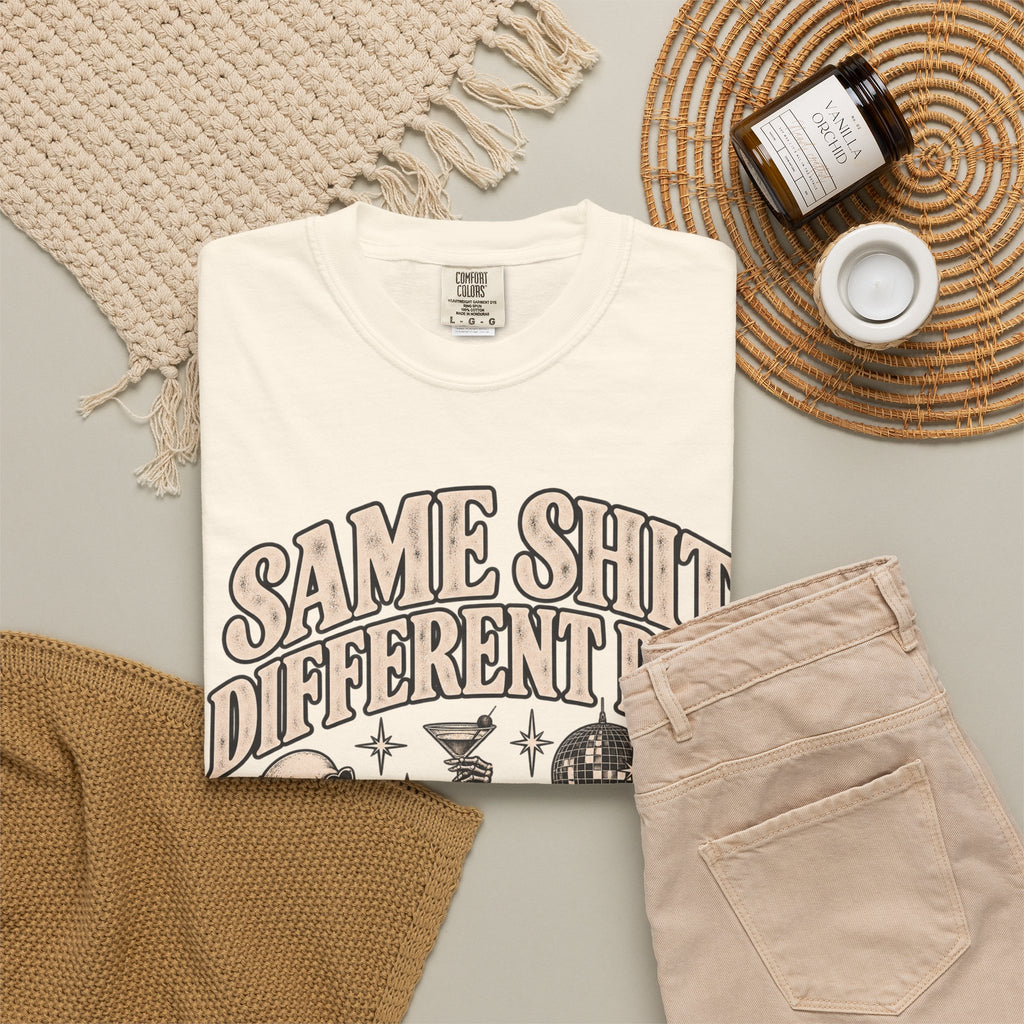 Same Shit Different Day Tee — Retro Skeleton Disco Graphic T-Shirt