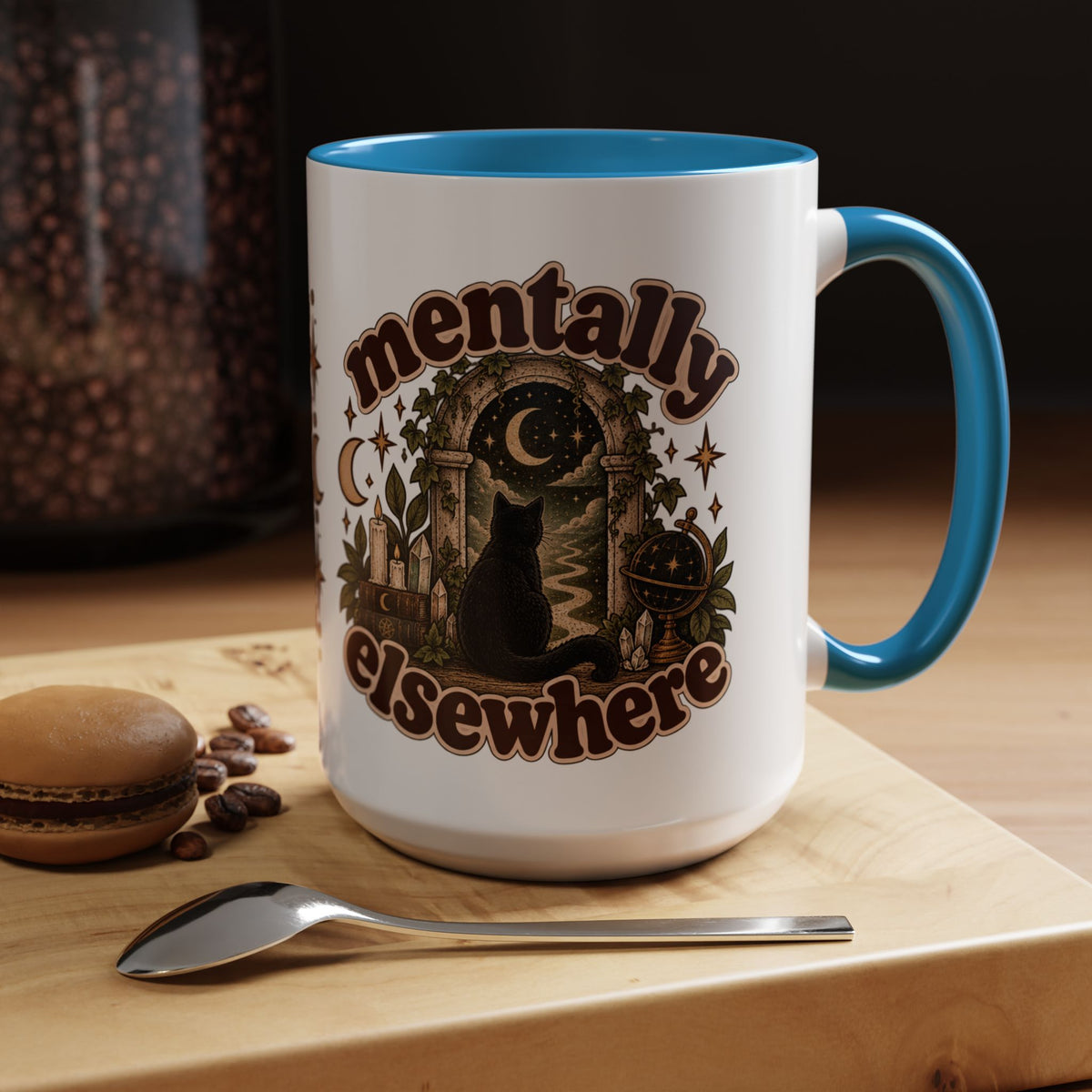 Mentally Elsewhere Mug — Black Cat Celestial Ceramic Coffee Mug