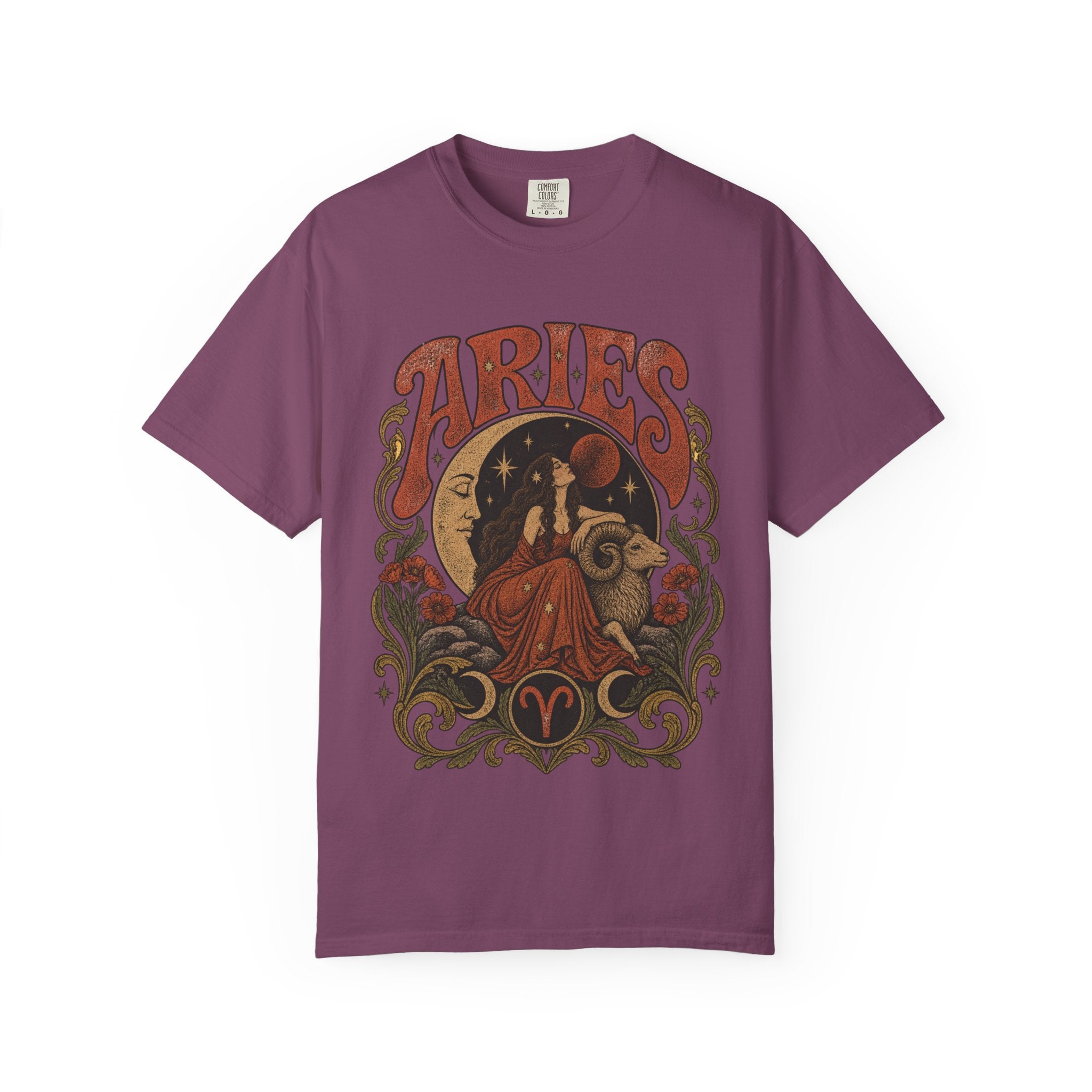 Aries Zodiac T‑Shirt — Vintage Moon & Ram Astrology Tee