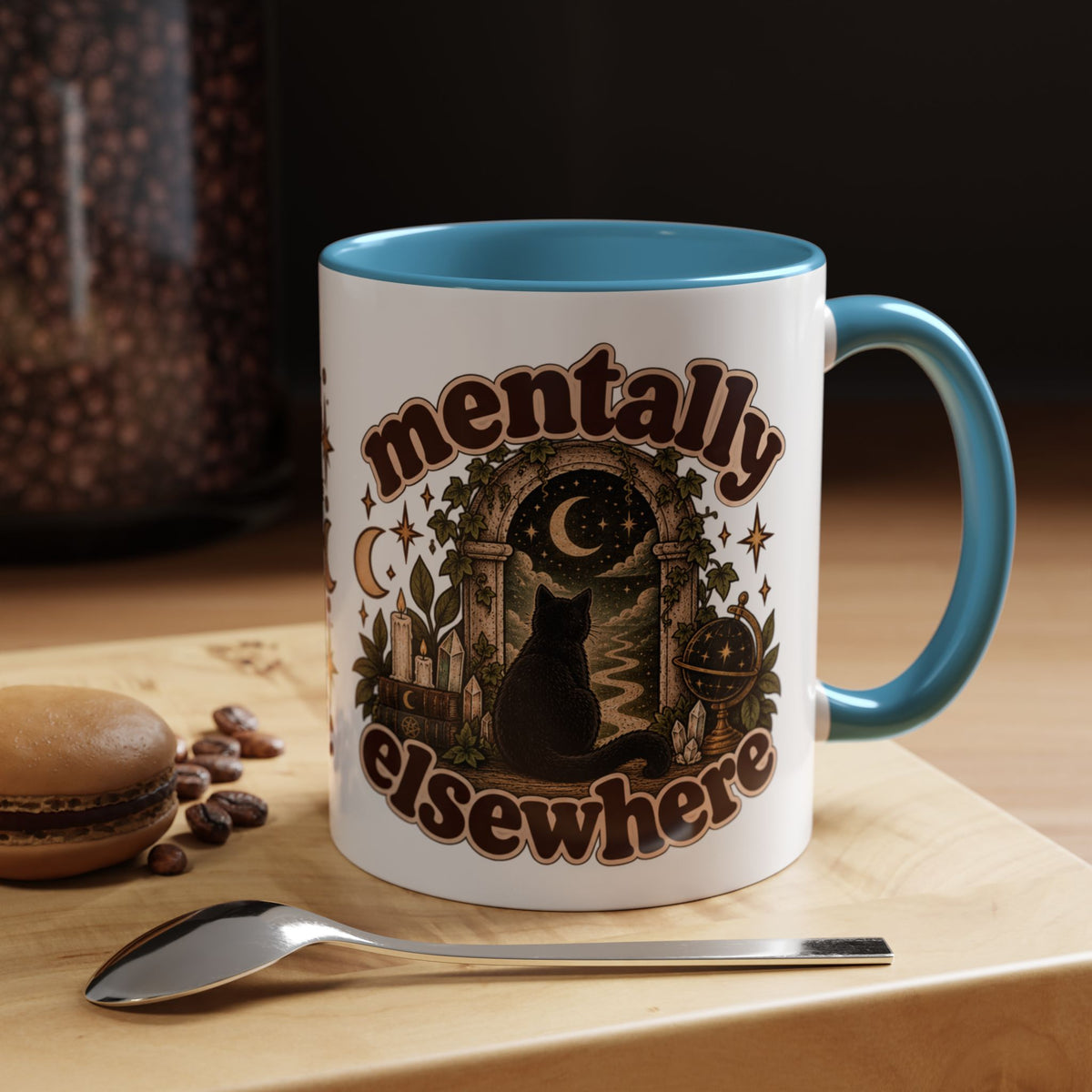Mentally Elsewhere Mug — Black Cat Celestial Ceramic Coffee Mug