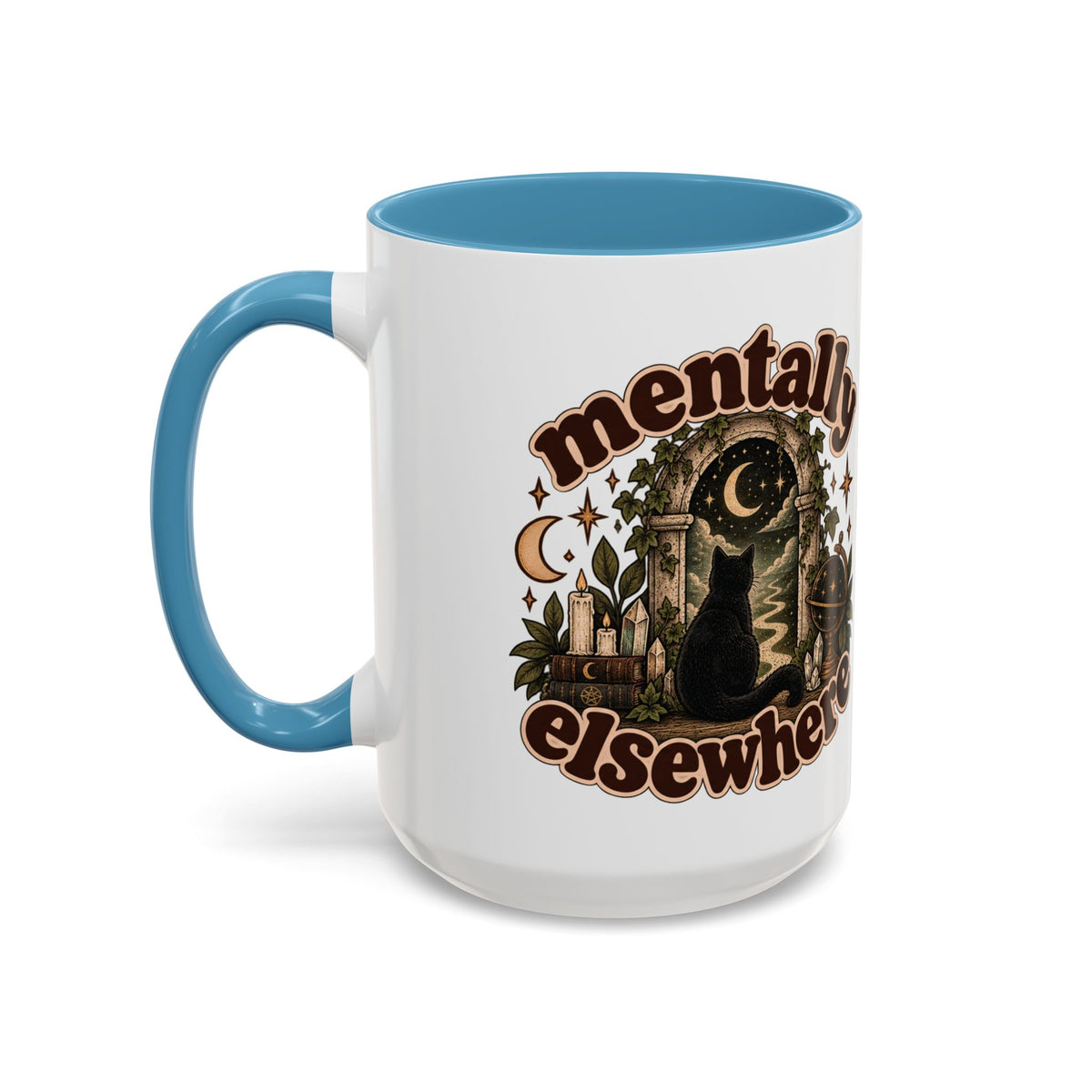 Mentally Elsewhere Mug — Black Cat Celestial Ceramic Coffee Mug