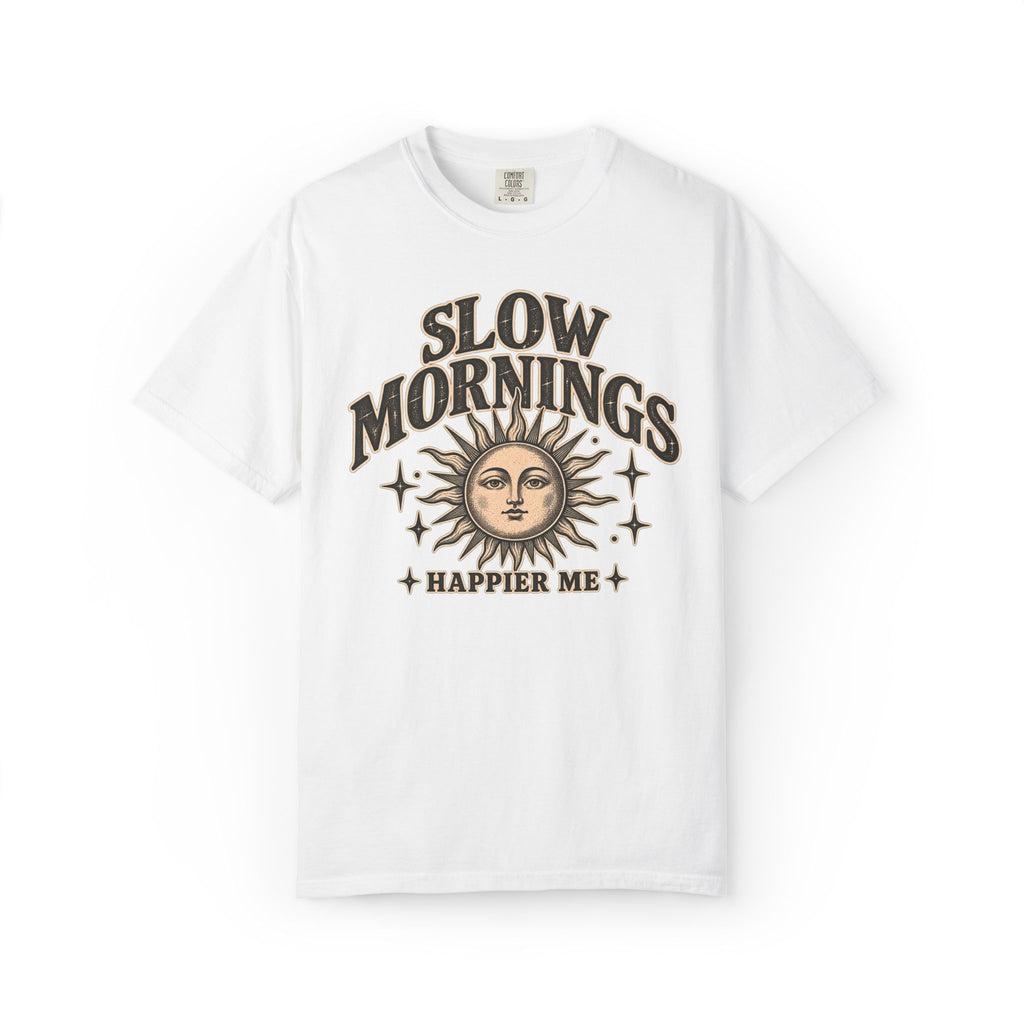 Slow Mornings Tee — Retro Sunrise Garment-Dyed Graphic T-Shirt