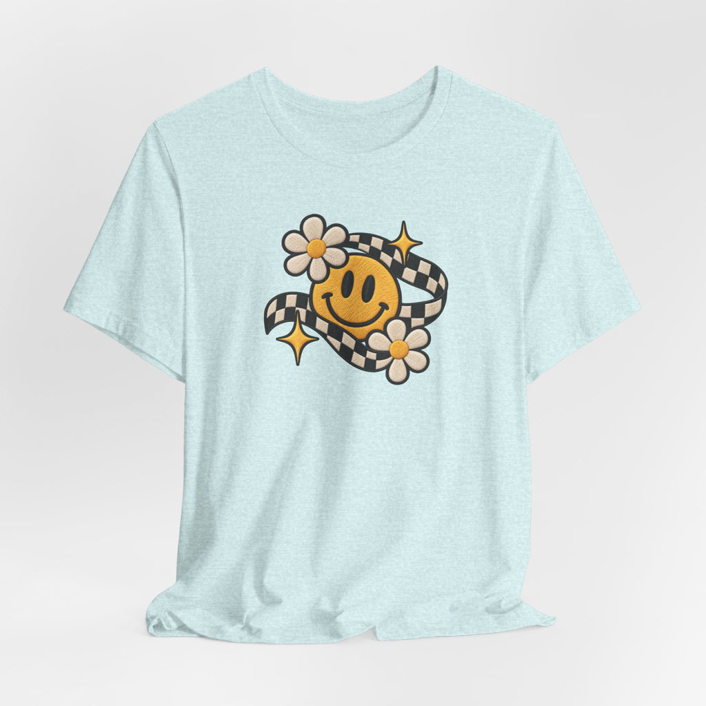 Smiley Flower Checkerboard Tee — Retro Happy Face Graphic T-Shirt