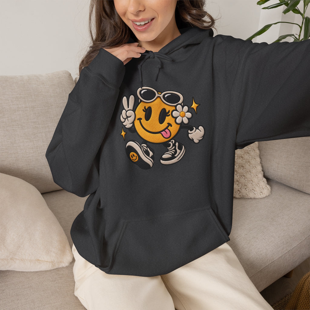 Smiley Peace Vibes Hoodie – Retro Dancing Smiley with Sunglasses