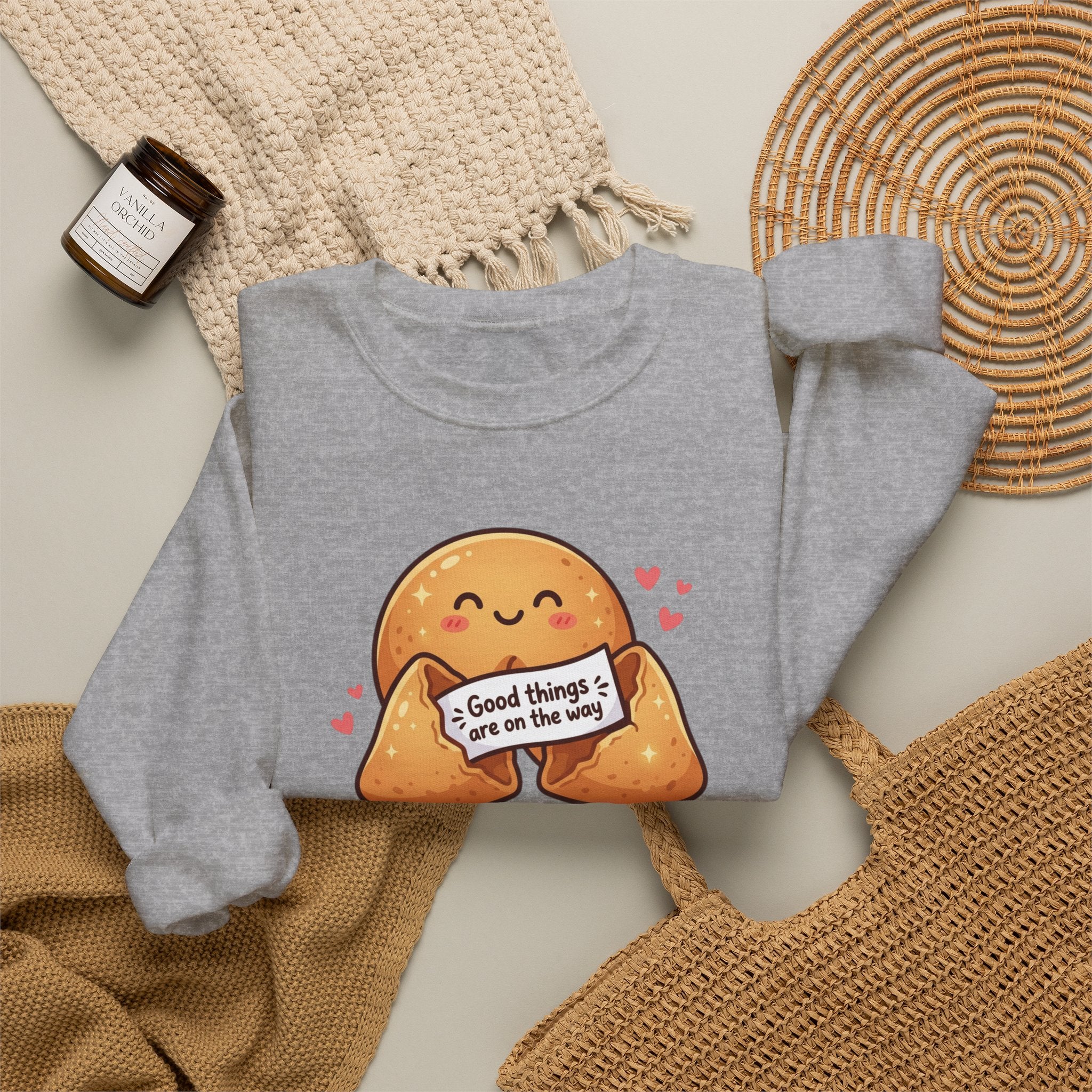 Crewneck Sweatshirt — Cute Fortune Cookie Graphic “Good Things Are On The Way”